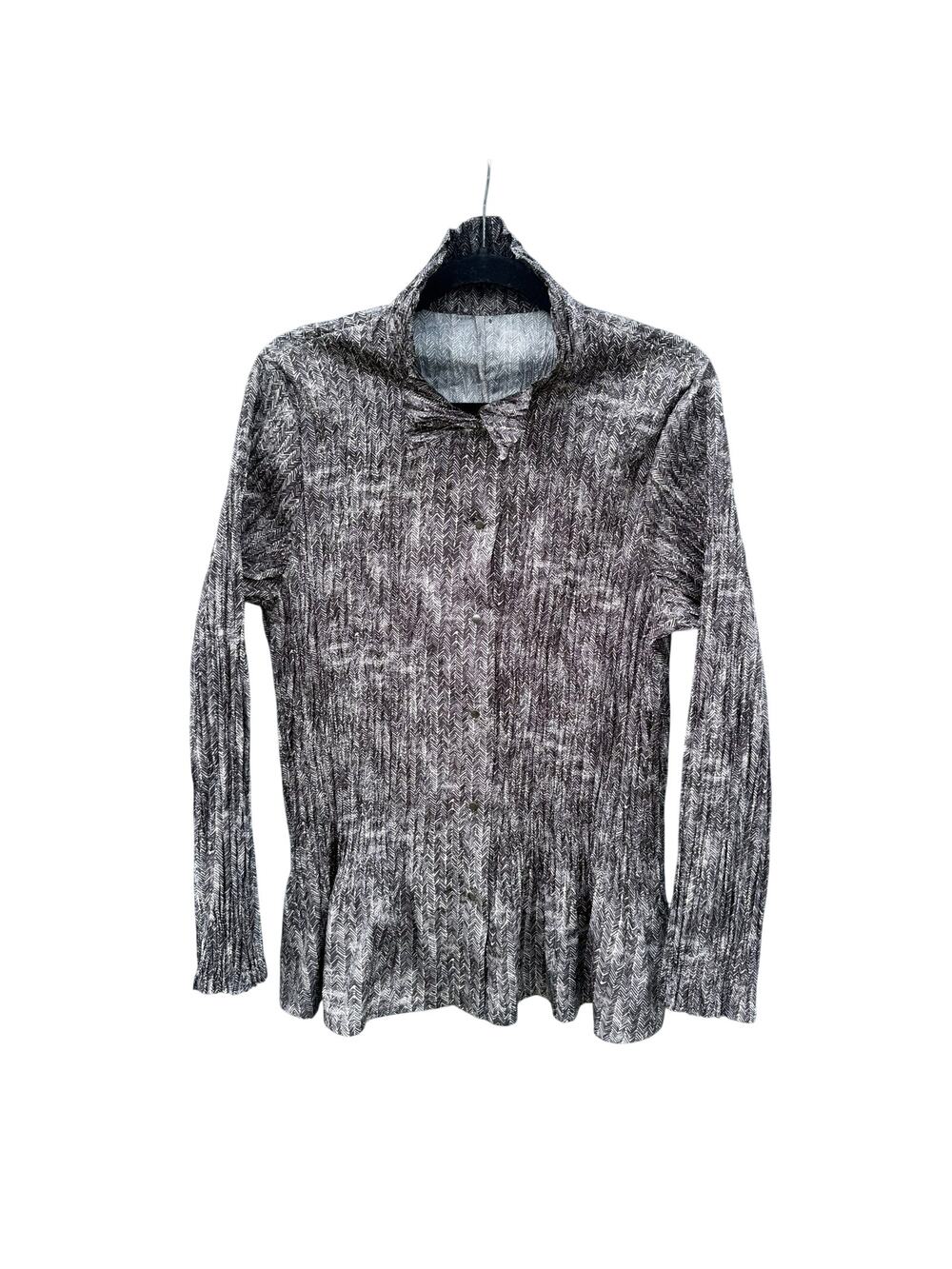 BABETTE Gray Chevron Print Mock Neck Crinkle Long Sleeve Blouse Extra Large XL